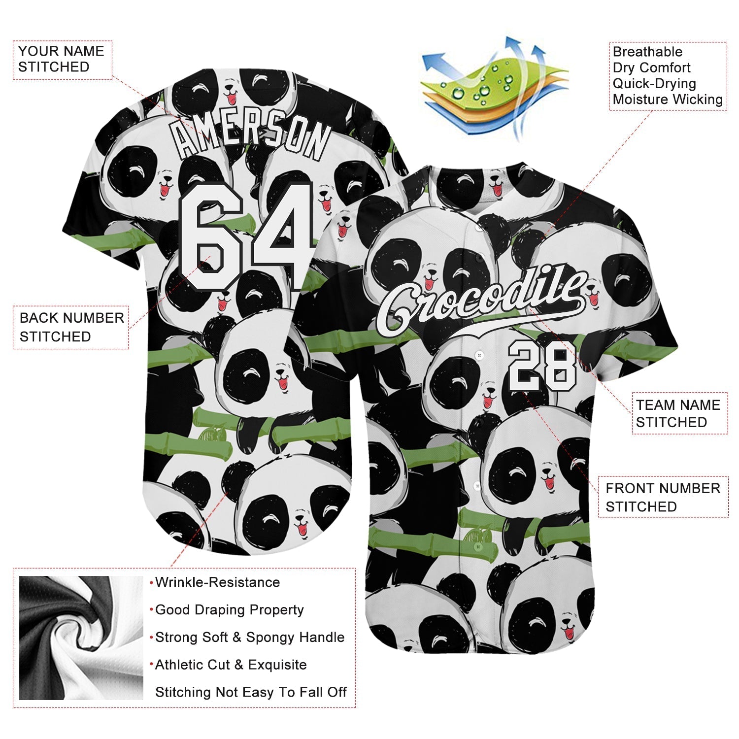 Custom Black White-Black 3D Pattern Design Pandas Authentic Baseball Jersey baseball jersey product view 3