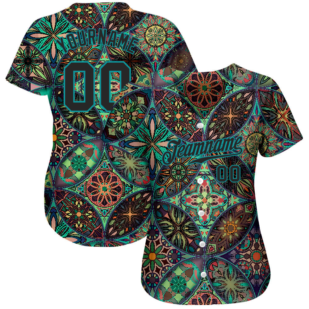 Custom Black Black-Teal 3D Pattern Design Mandalas Authentic Baseball Jersey baseball jersey product view 3
