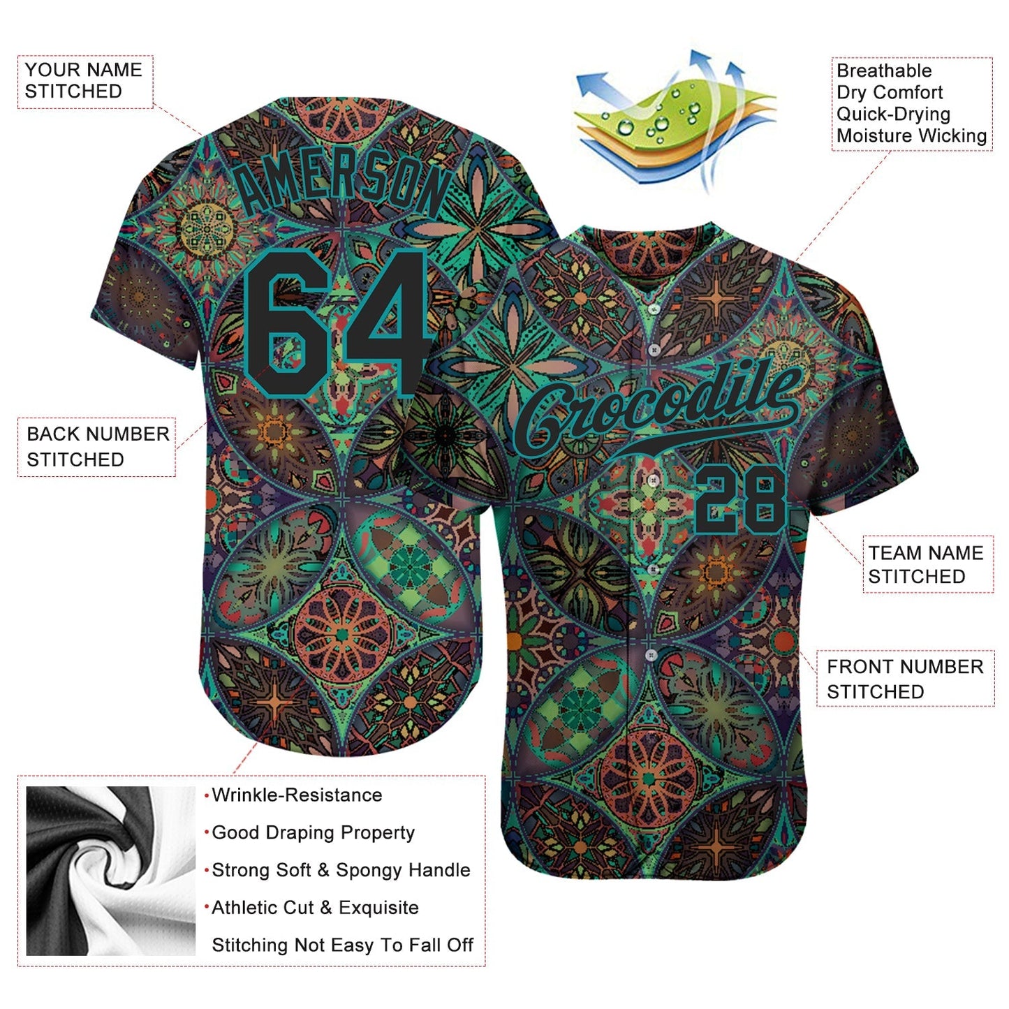 Custom Black Black-Teal 3D Pattern Design Mandalas Authentic Baseball Jersey baseball jersey product view 4