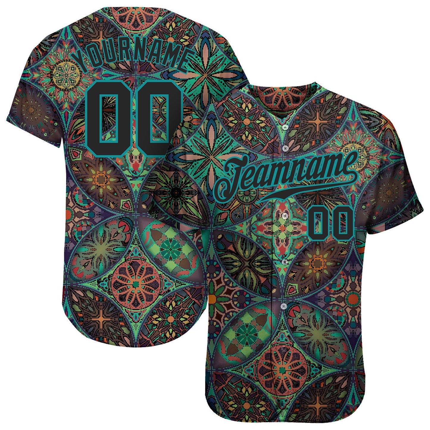 Custom Black Black-Teal 3D Pattern Design Mandalas Authentic Baseball Jersey baseball jersey product view 1