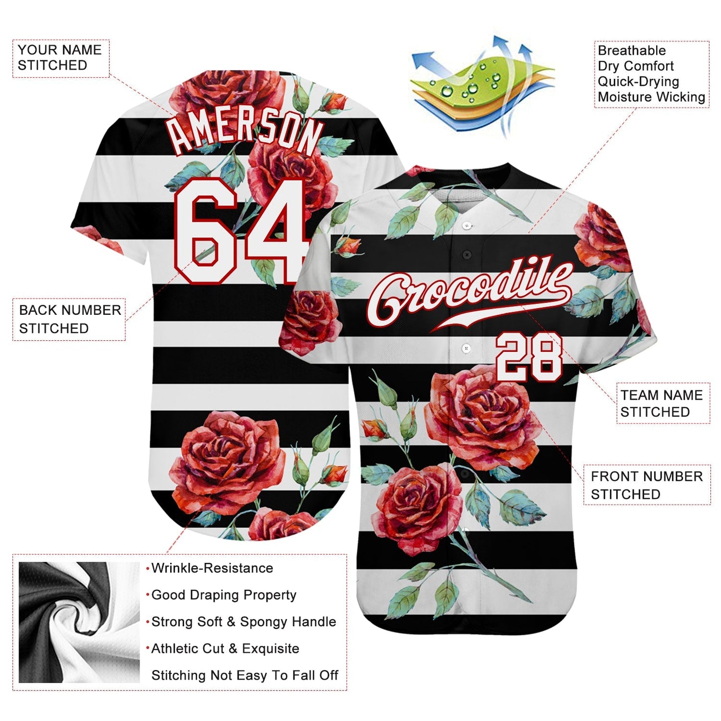 Custom Black White-Red 3D Pattern Design Mandalas Authentic Baseball Jersey baseball jersey product view 3