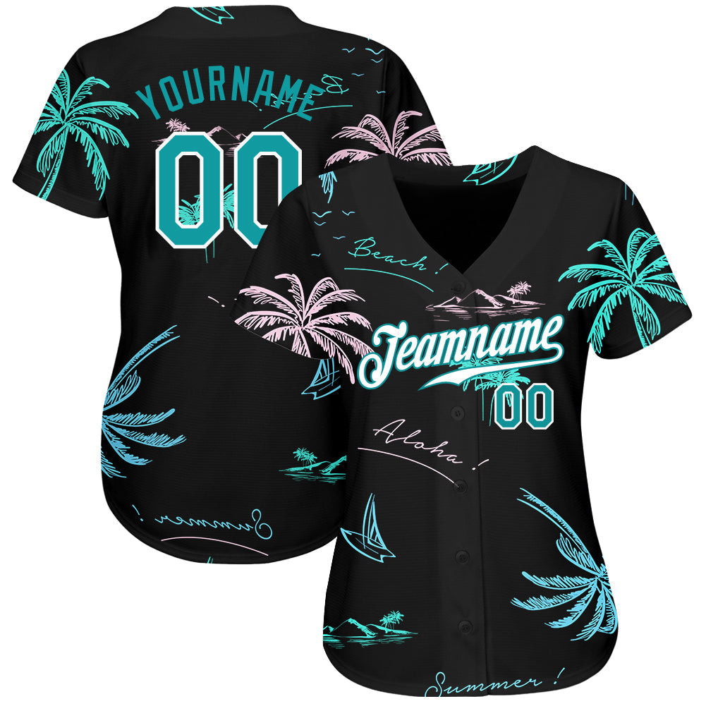 Custom Black Teal-White 3D Pattern Design Hawaii Palm Trees Authentic Baseball Jersey baseball jersey product view 2