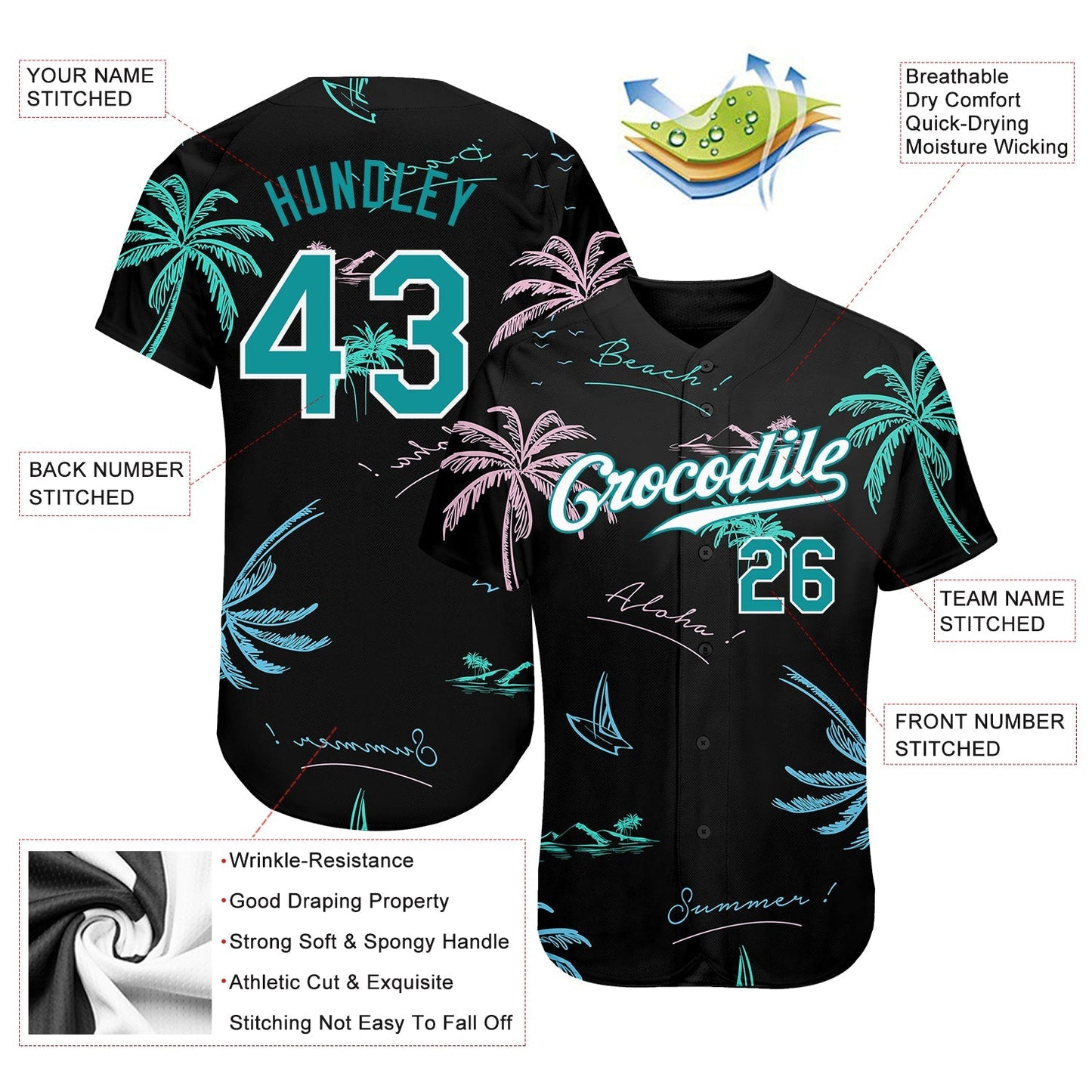 Custom Black Teal-White 3D Pattern Design Hawaii Palm Trees Authentic Baseball Jersey baseball jersey product view 3