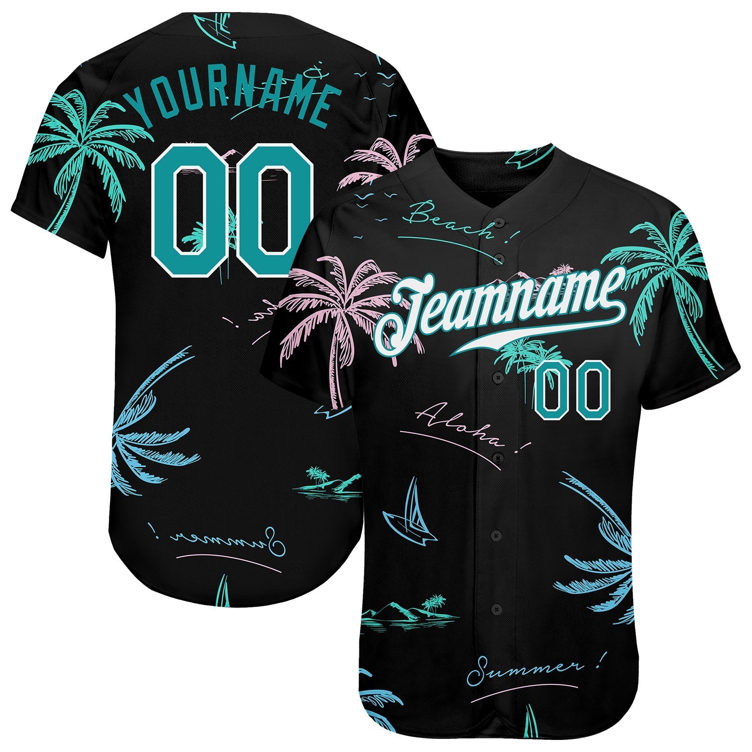 Custom Black Teal-White 3D Pattern Design Hawaii Palm Trees Authentic Baseball Jersey baseball jersey product view 1