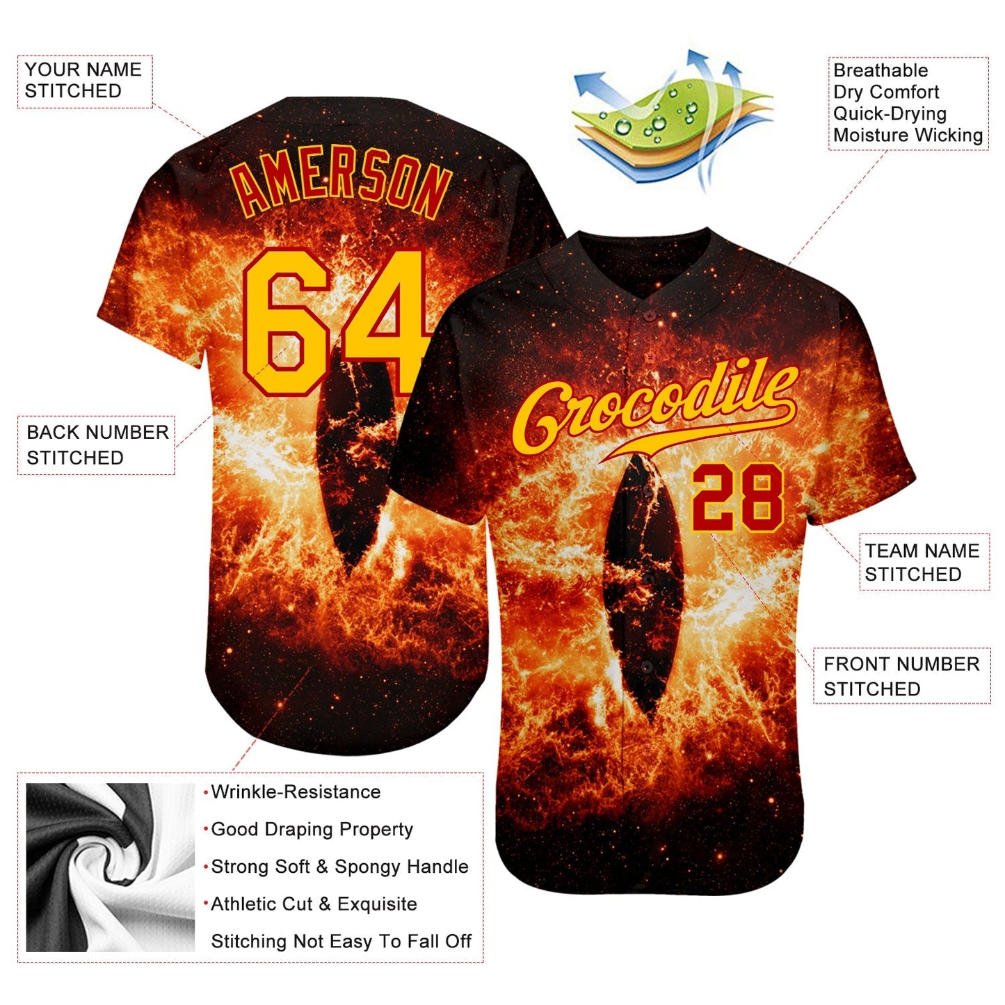 Custom Black Gold-Red 3D Pattern Design Burning Evil Eye In Space Authentic Baseball Jersey baseball jersey product view 3
