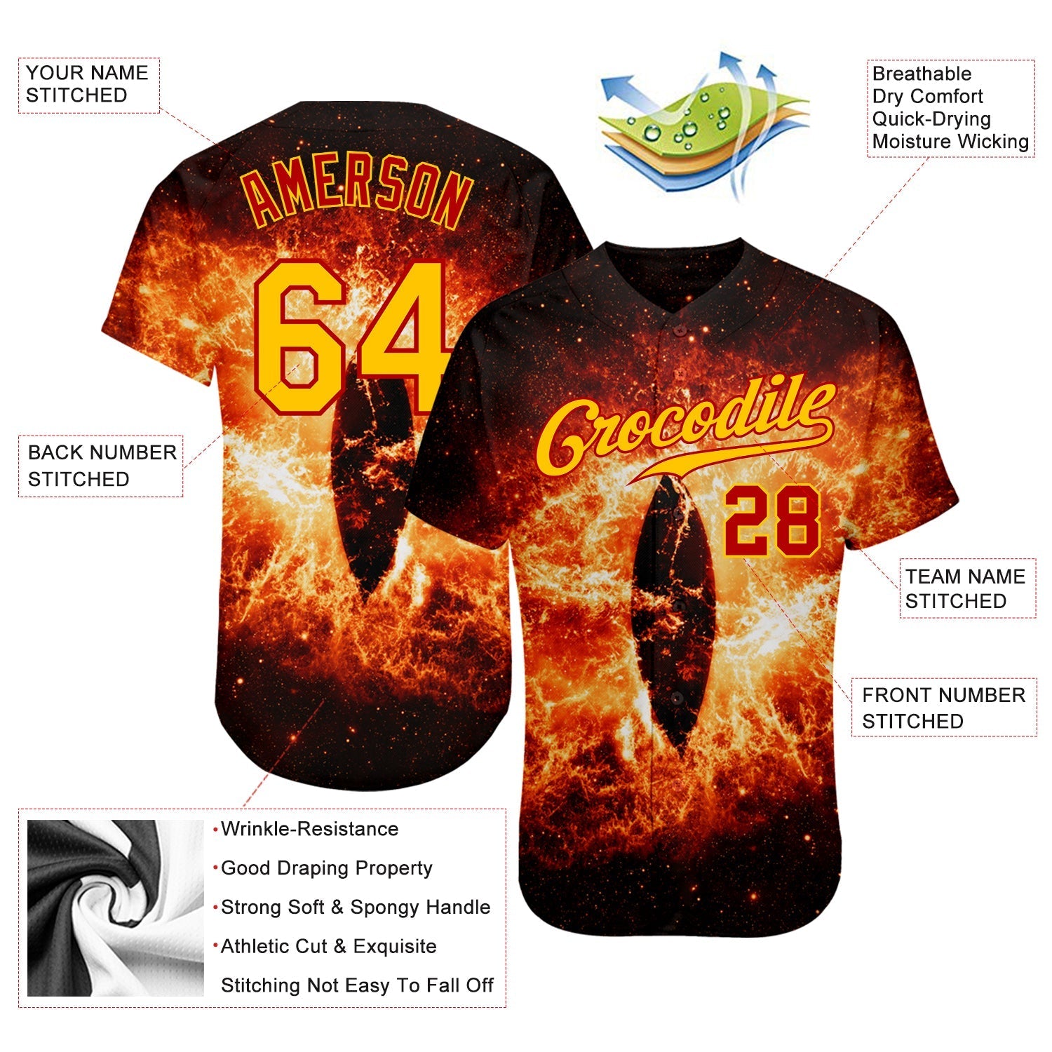Custom Black Gold-Red 3D Pattern Design Burning Evil Eye In Space Authentic Baseball Jersey baseball jersey product view 3