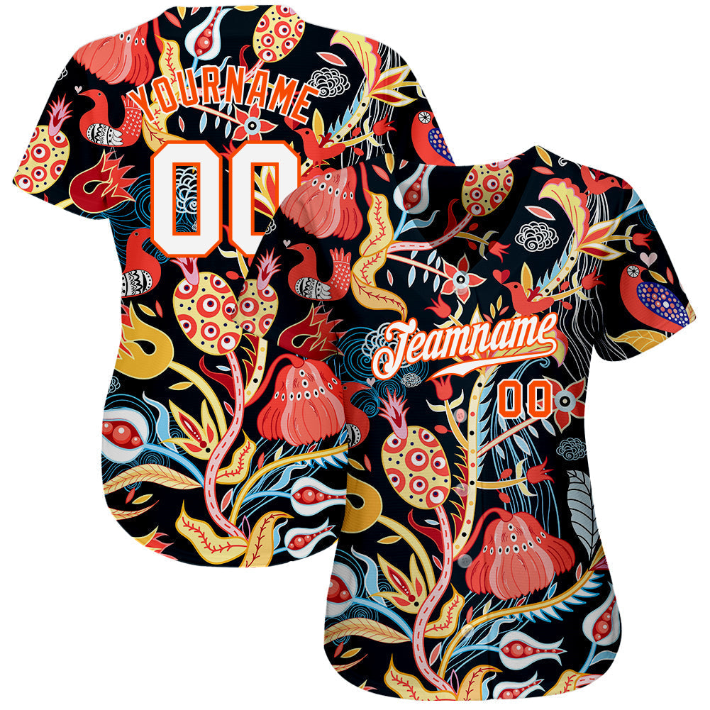 Custom Black White-Orange 3D Pattern Design Flowers Authentic Baseball Jersey baseball jersey product view 2