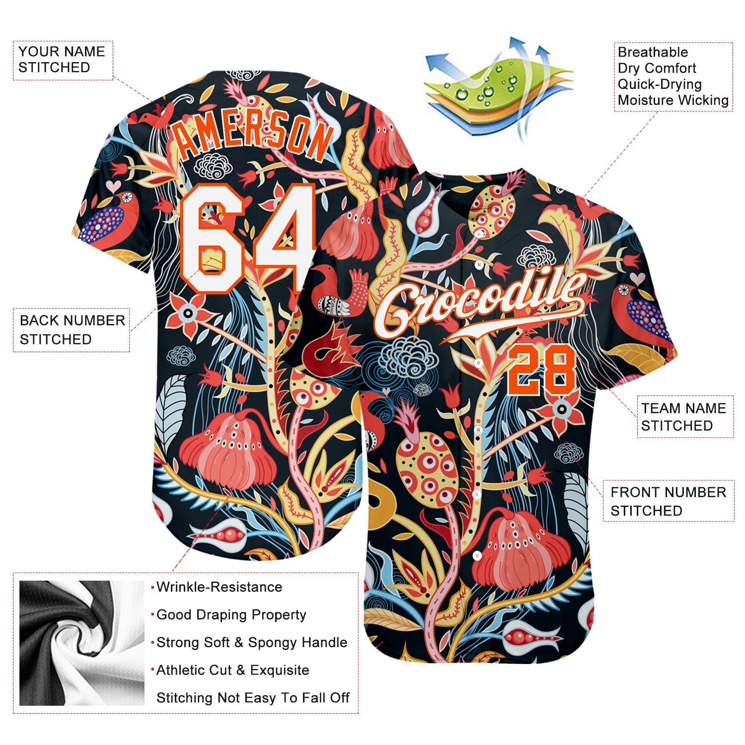 Custom Black White-Orange 3D Pattern Design Flowers Authentic Baseball Jersey baseball jersey product view 3