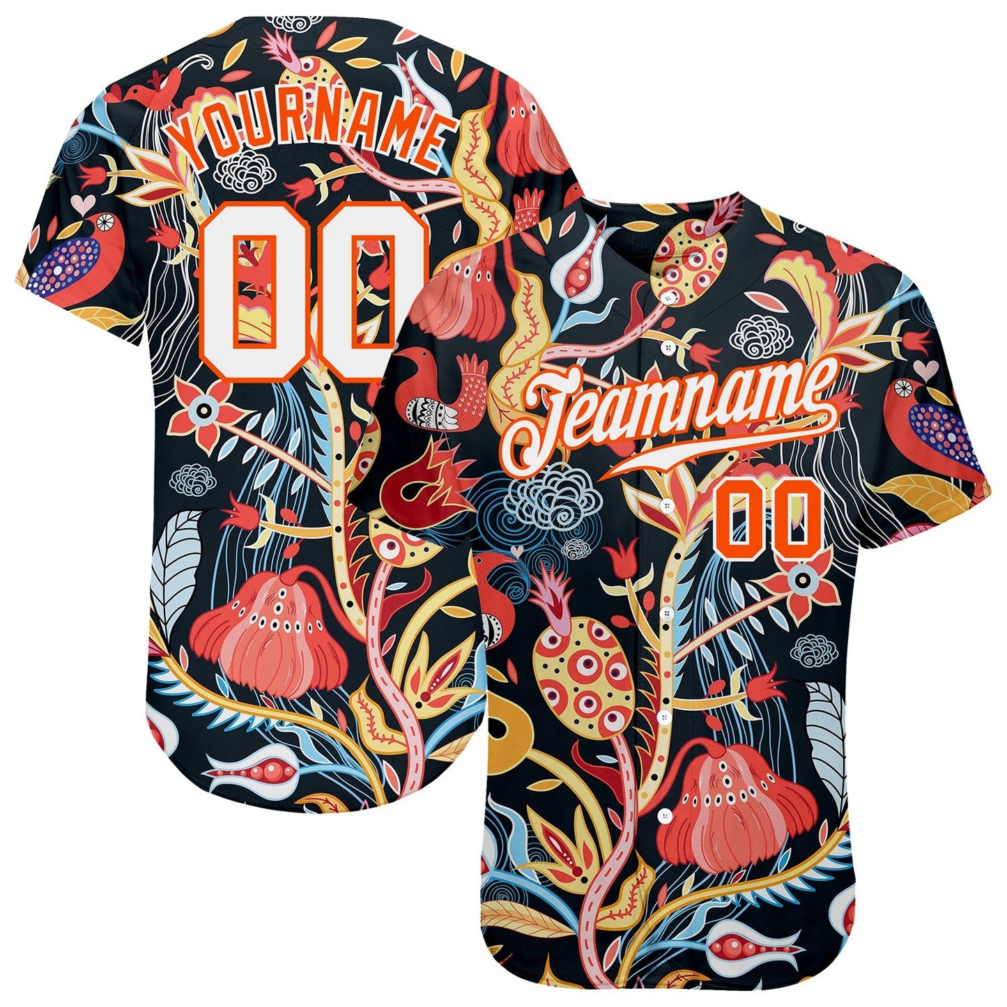 Custom Black White-Orange 3D Pattern Design Flowers Authentic Baseball Jersey baseball jersey product view 1
