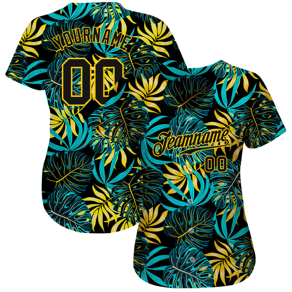 Custom Black Black-Gold 3D Pattern Design Tropical Palm Leaves Authentic Baseball Jersey baseball jersey product view 2