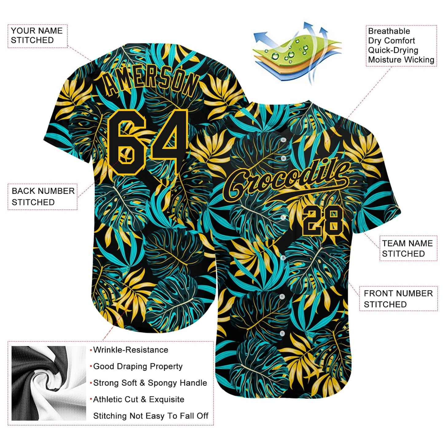 Custom Black Black-Gold 3D Pattern Design Tropical Palm Leaves Authentic Baseball Jersey baseball jersey product view 3