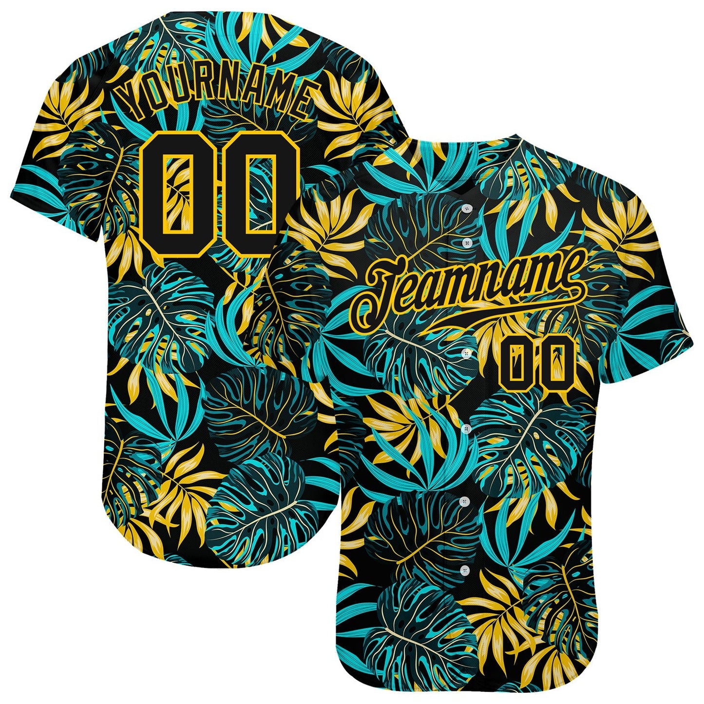 Custom Black Black-Gold 3D Pattern Design Tropical Palm Leaves Authentic Baseball Jersey baseball jersey product view 1