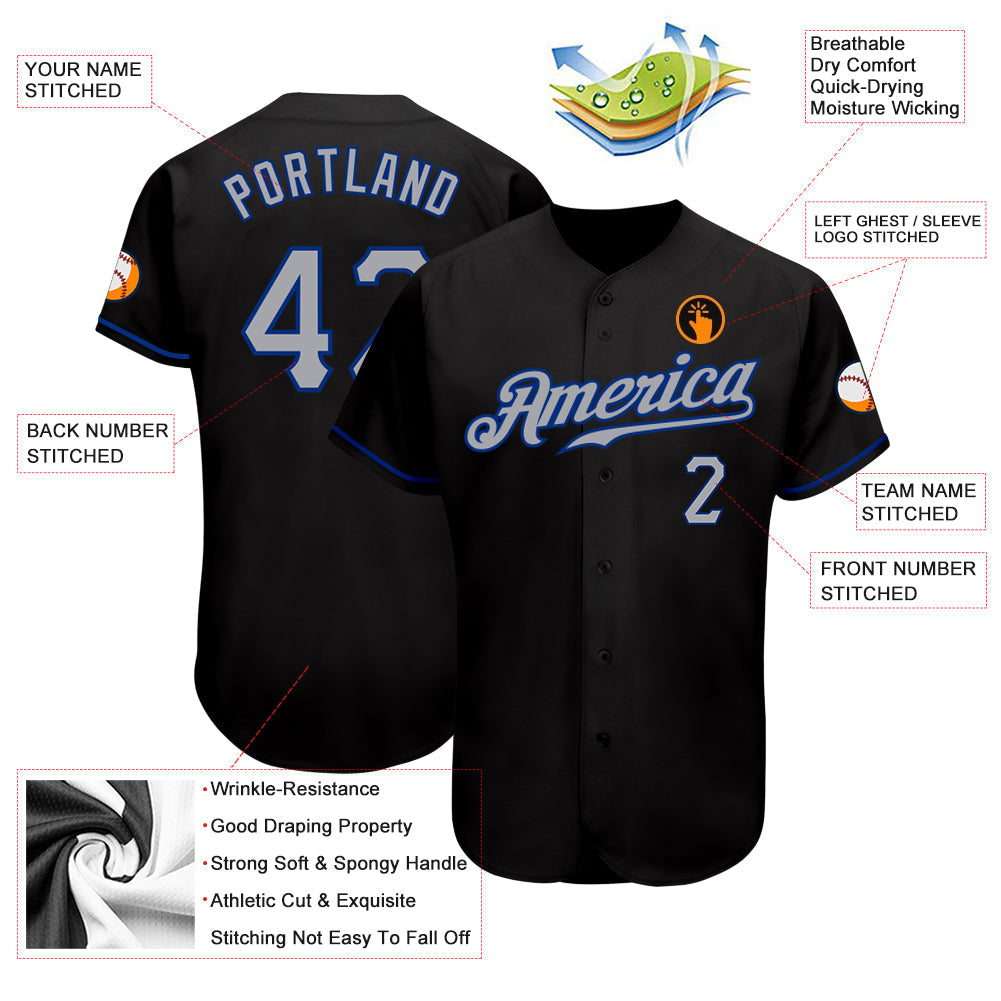 Custom Black Gray-Royal Authentic Baseball Jersey baseball jersey product view 3
