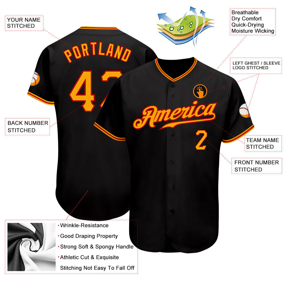 Custom Black Gold-Red Authentic Baseball Jersey baseball jersey product view 3