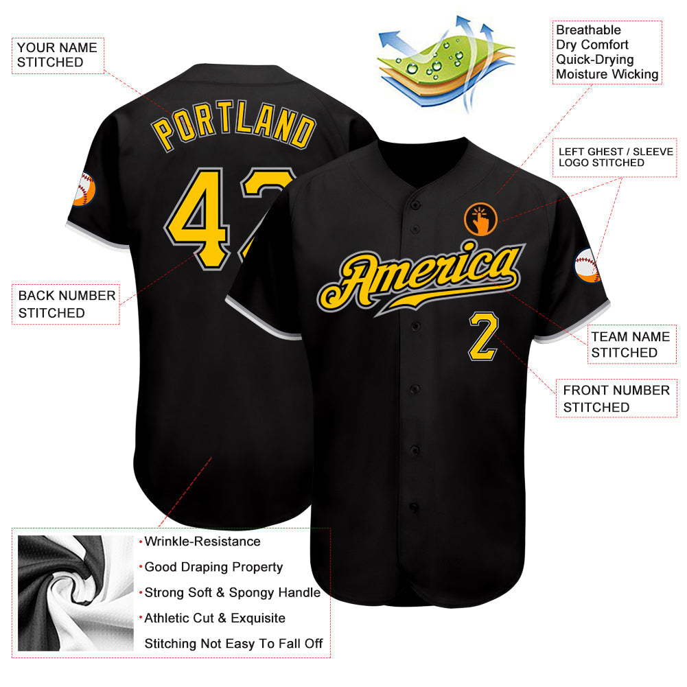 Custom Black Gold-Gray Authentic Baseball Jersey baseball jersey product view 3