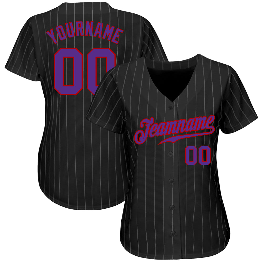 Custom Black Gray Pinstripe Purple-Red Authentic Baseball Jersey baseball jersey product view 2