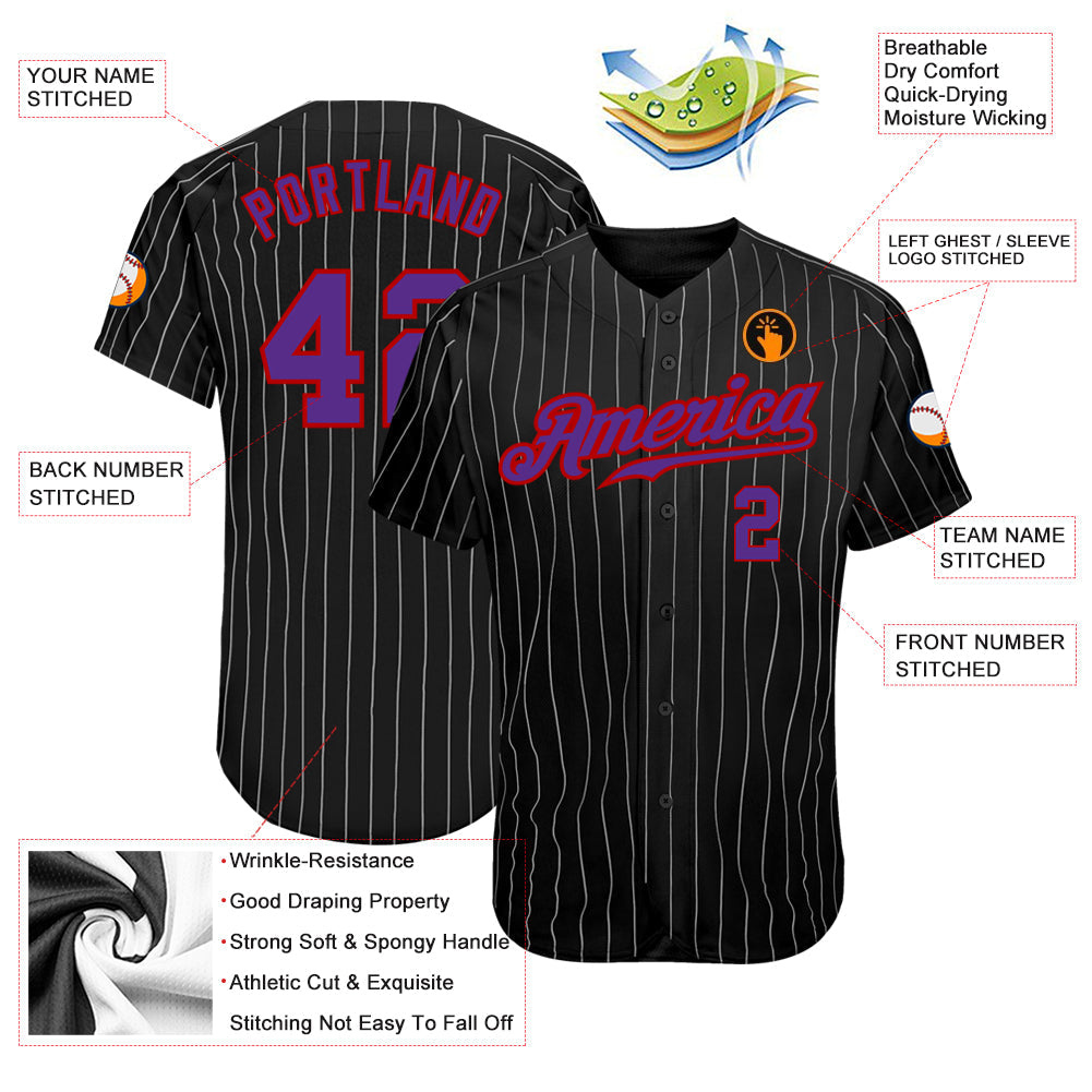 Custom Black Gray Pinstripe Purple-Red Authentic Baseball Jersey baseball jersey product view 3