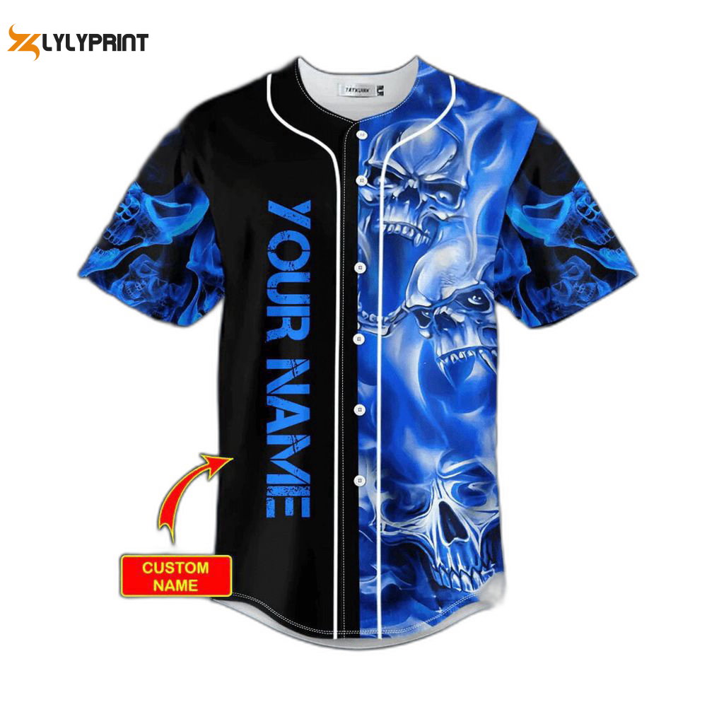 Blue Soul Eater Ghost Skull Custom Baseball Jersey For Men Women, Men's Baseball Jersey For Men Women - lylyprint.com baseball jersey product view 1