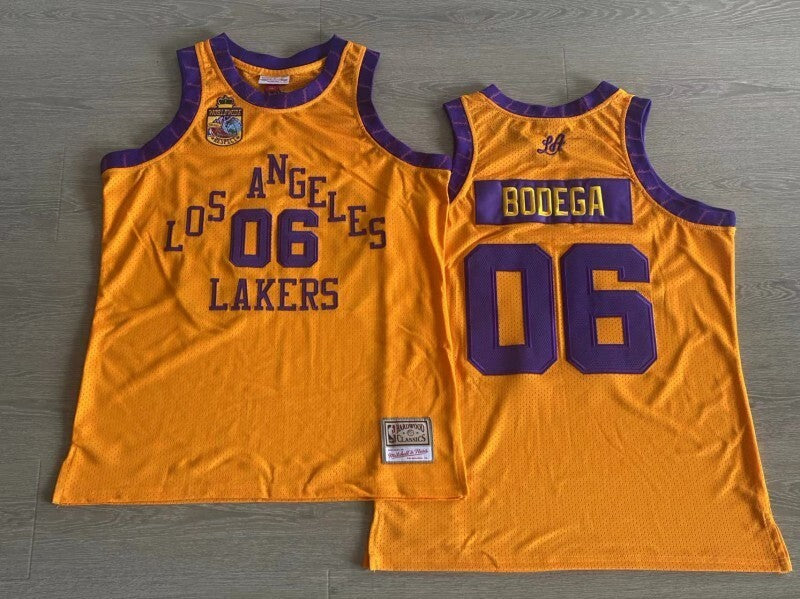 bodega x mitchell&ness “worldwide respect” Collaboration Lakers 06 Yellow Embroidered Style 3 basketball jersey product view 1