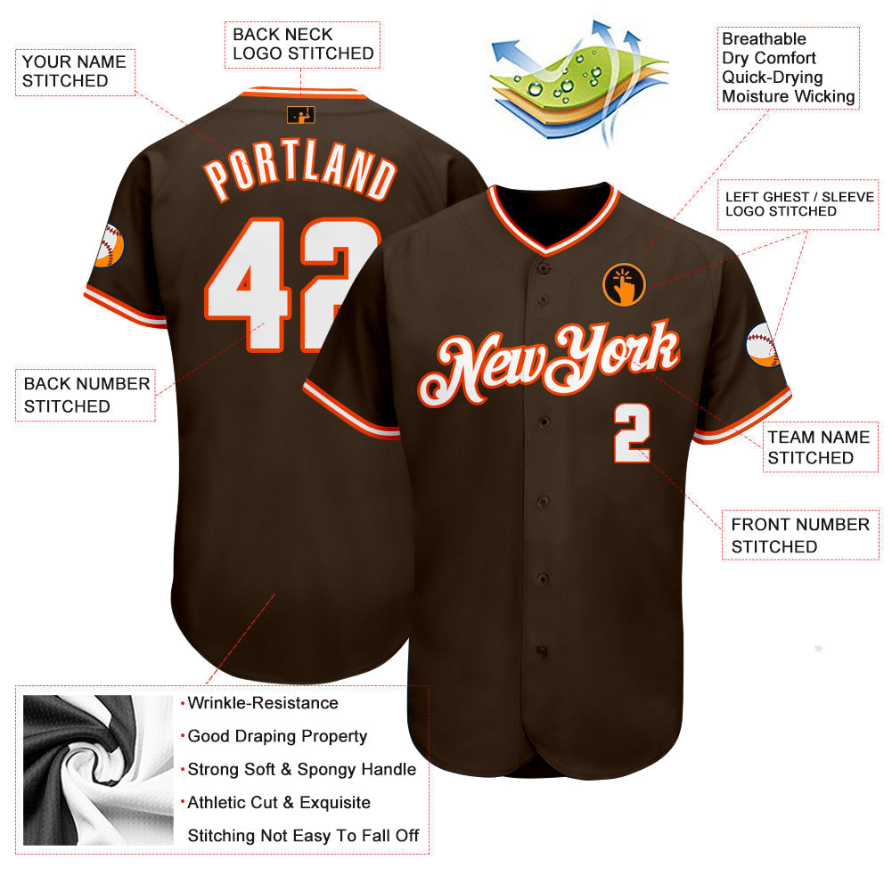 Custom Brown White-Orange Authentic Baseball Jersey baseball jersey product view 3
