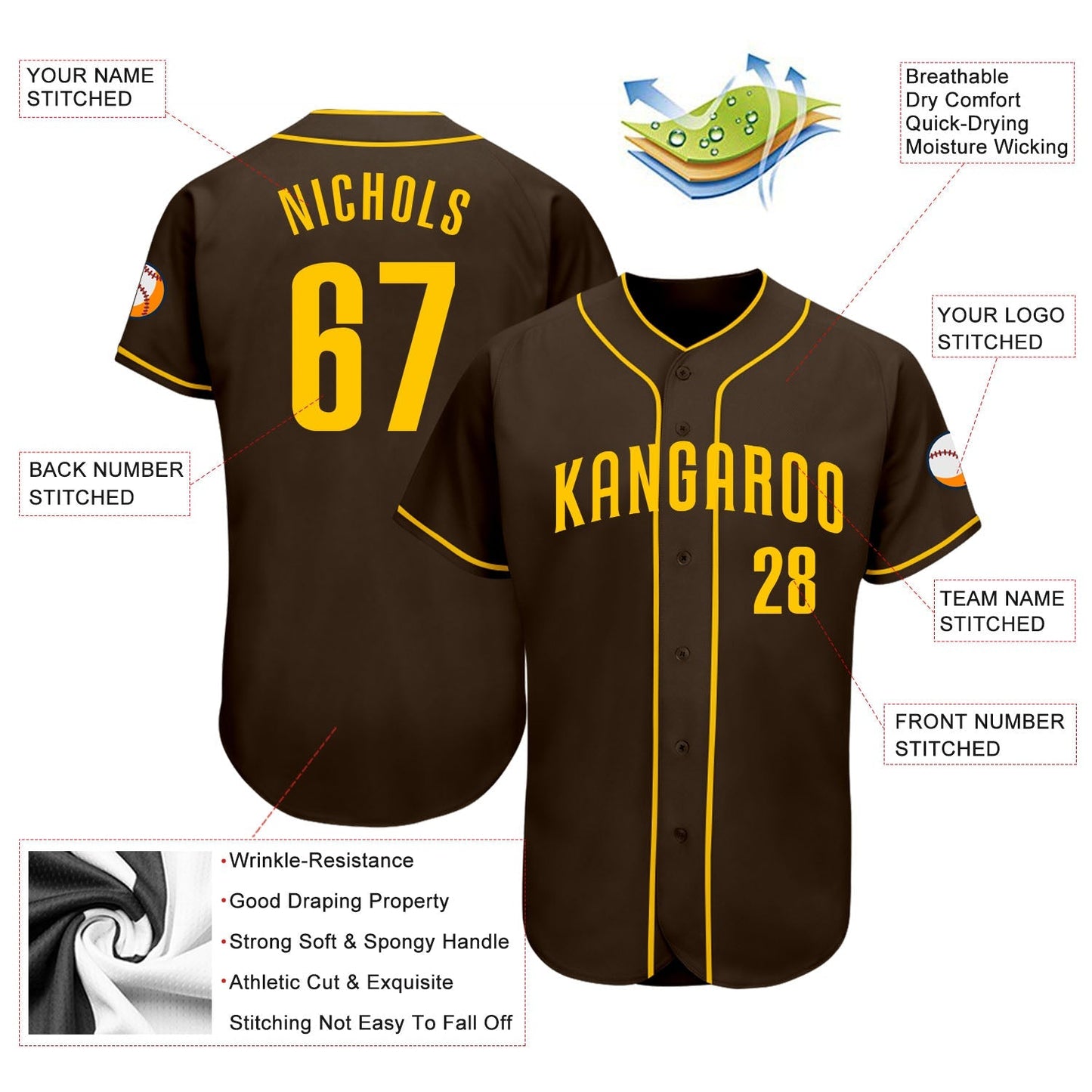 Custom Brown Gold Authentic Baseball Jersey baseball jersey product view 3