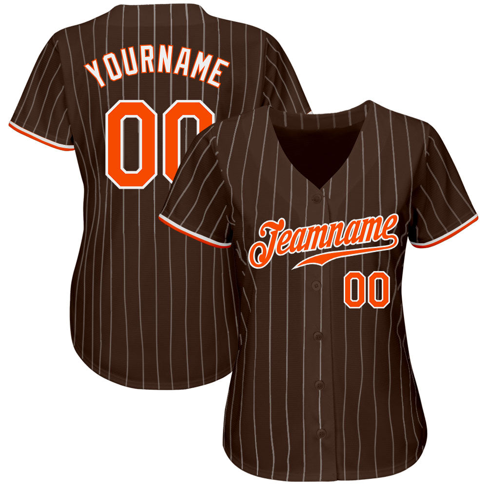 Custom Brown White Pinstripe Orange-White Authentic Baseball Jersey baseball jersey product view 2