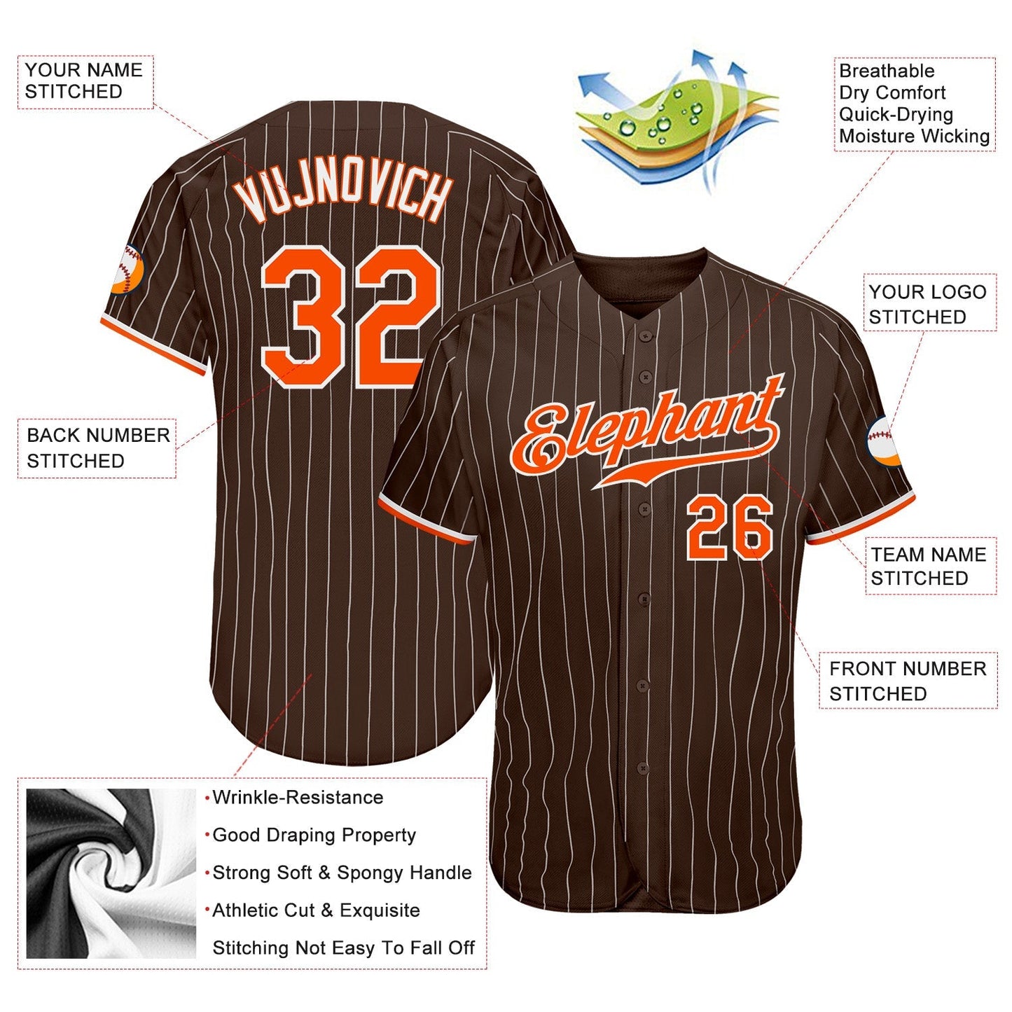 Custom Brown White Pinstripe Orange-White Authentic Baseball Jersey baseball jersey product view 3