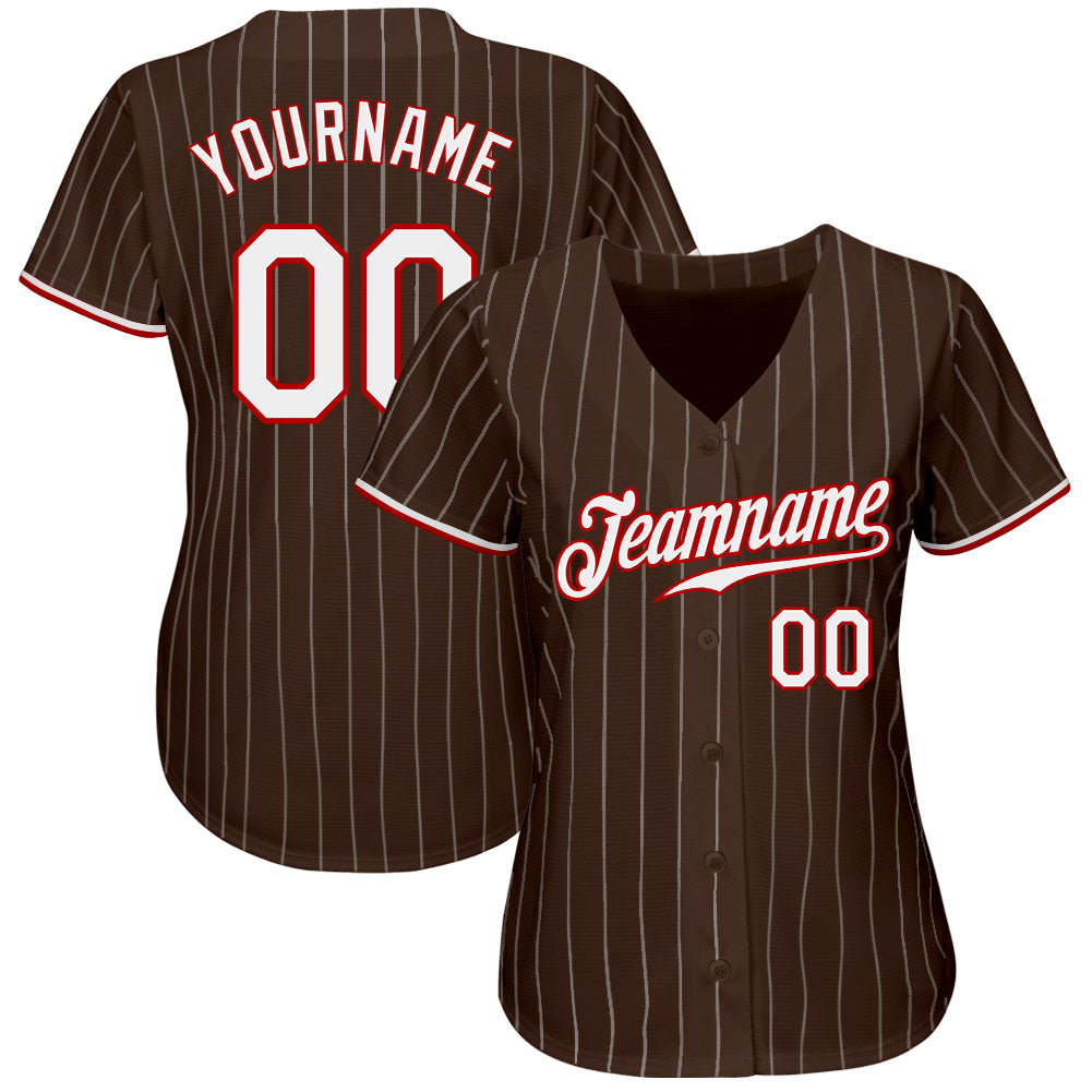 Custom Brown White Pinstripe White-Red Authentic Baseball Jersey baseball jersey product view 2