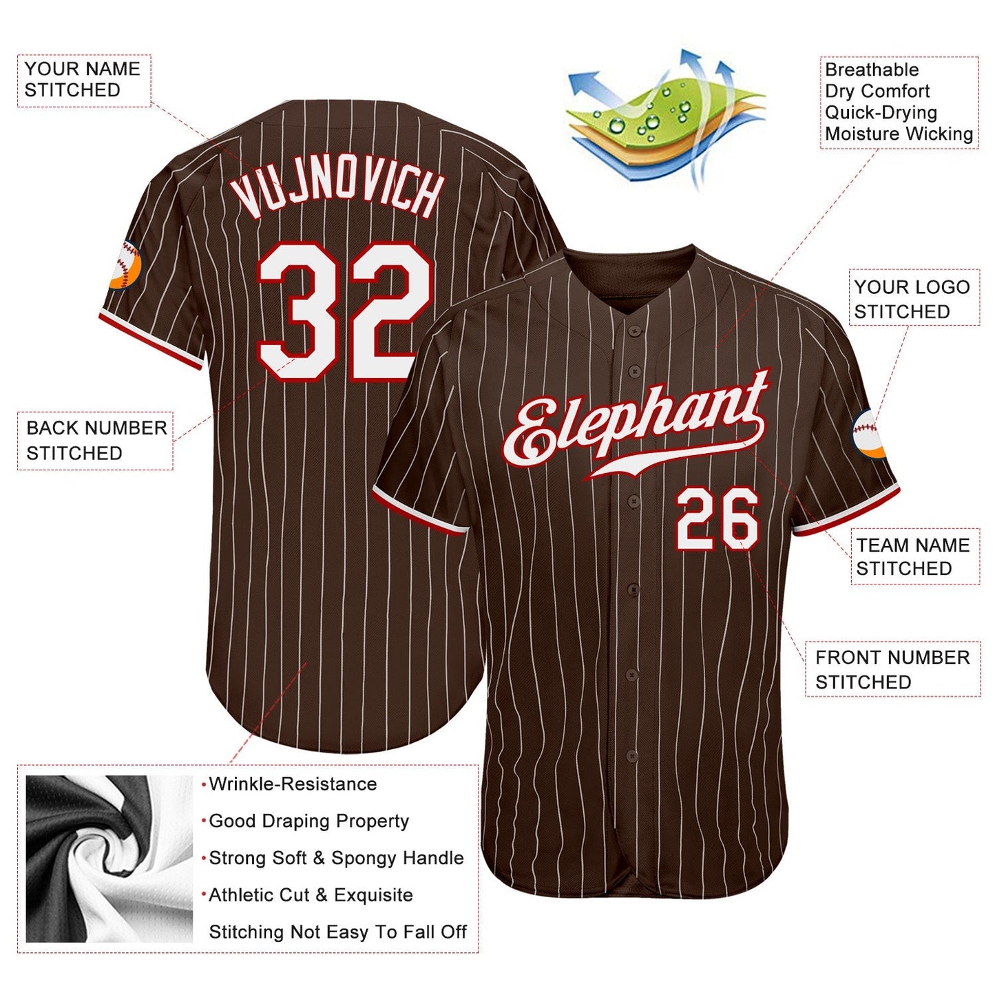 Custom Brown White Pinstripe White-Red Authentic Baseball Jersey baseball jersey product view 3