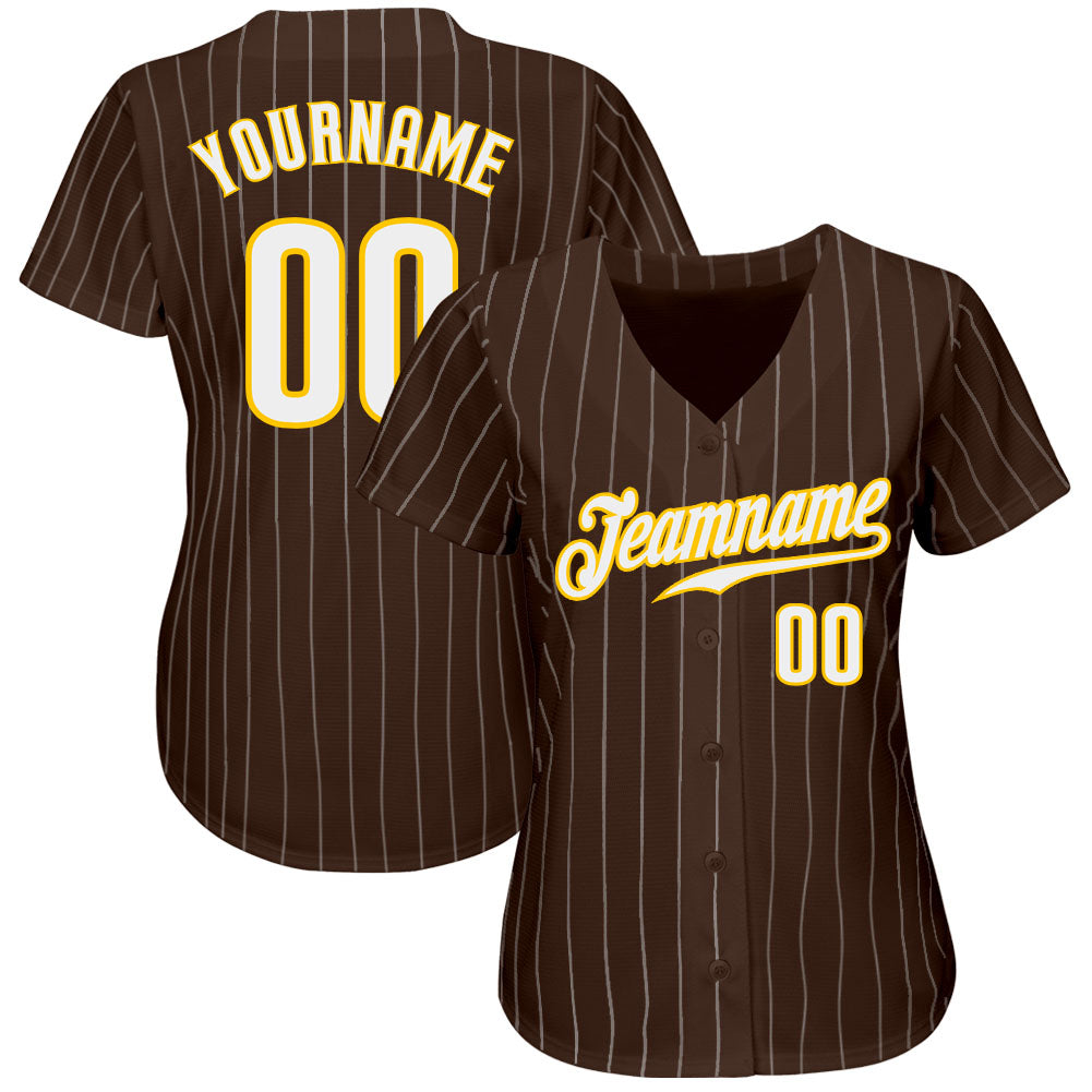 Custom Brown White Pinstripe White-Gold Authentic Baseball Jersey baseball jersey product view 2