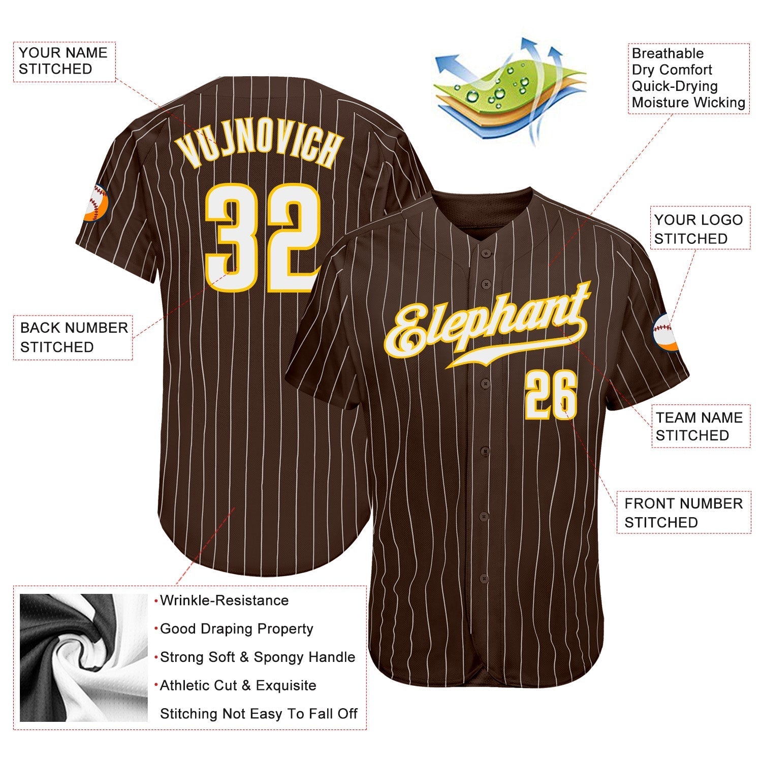 Custom Brown White Pinstripe White-Gold Authentic Baseball Jersey baseball jersey product view 3