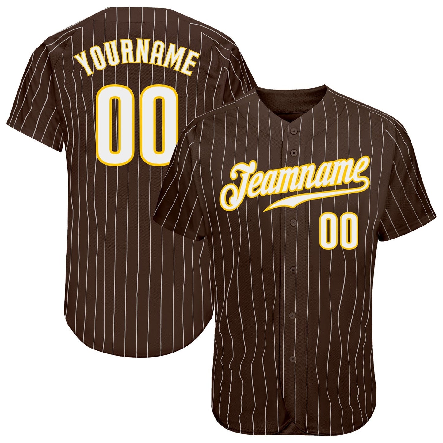 Custom Brown White Pinstripe White-Gold Authentic Baseball Jersey baseball jersey product view 1