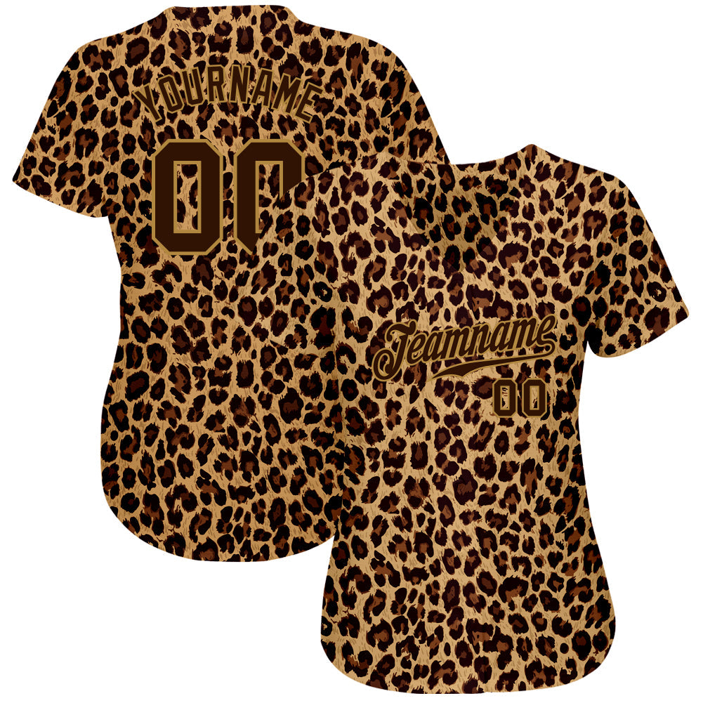 Custom Brown Brown-Old Gold 3D Pattern Design Leopard Authentic Baseball Jersey baseball jersey product view 2