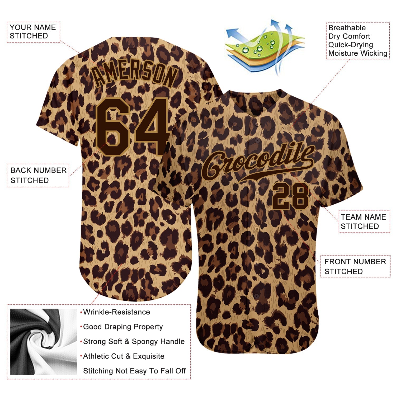Custom Brown Brown-Old Gold 3D Pattern Design Leopard Authentic Baseball Jersey baseball jersey product view 3