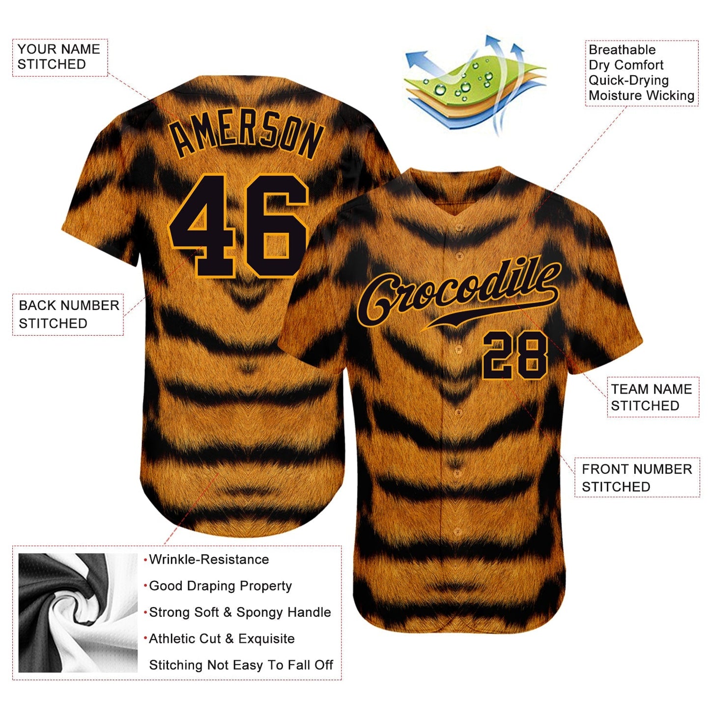 Custom Brown Black-Gold 3D Pattern Design Tiger Authentic Baseball Jersey baseball jersey product view 3