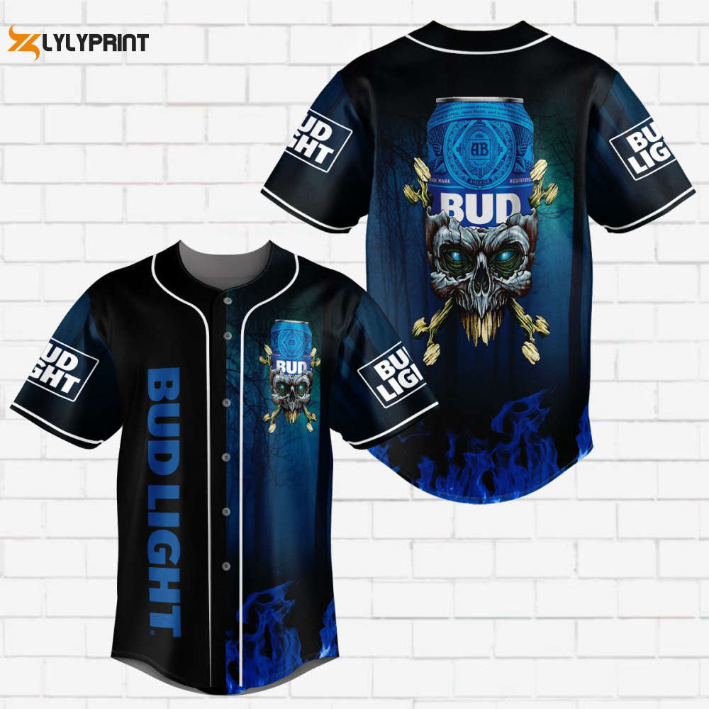 Bud Light Flowery Skull Blue Flame All Over Print Unisex Baseball Jersey - lylyprint.com baseball jersey product view 1