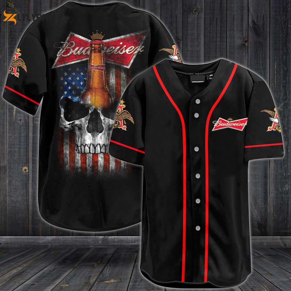 Budweiser USA Flag Skull All Over Print Unisex Baseball Jersey - lylyprint.com baseball jersey product view 1