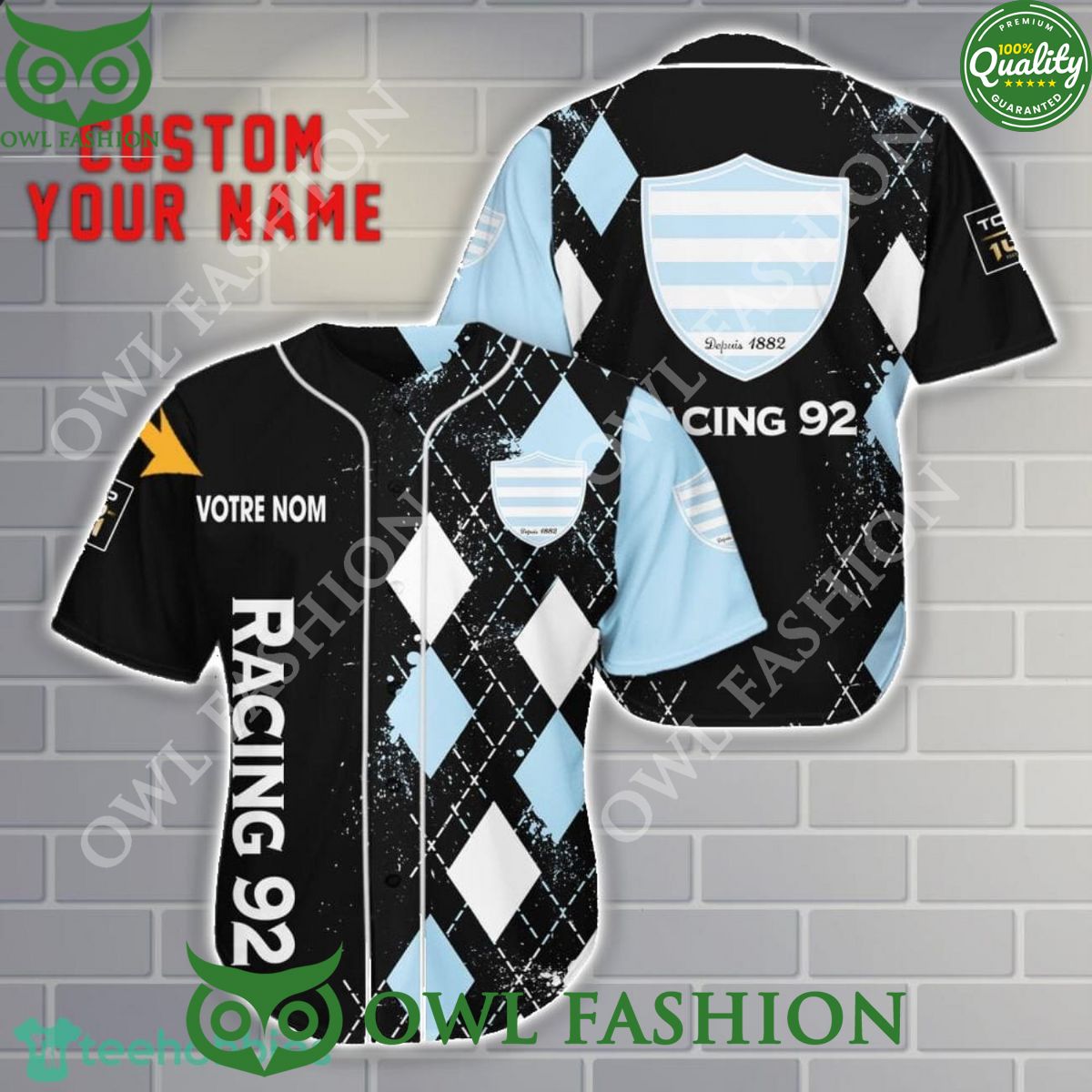 Racing 92 since 1882 Rugby union team Custom Name 3D Baseball Jersey Shirt baseball jersey product view 1