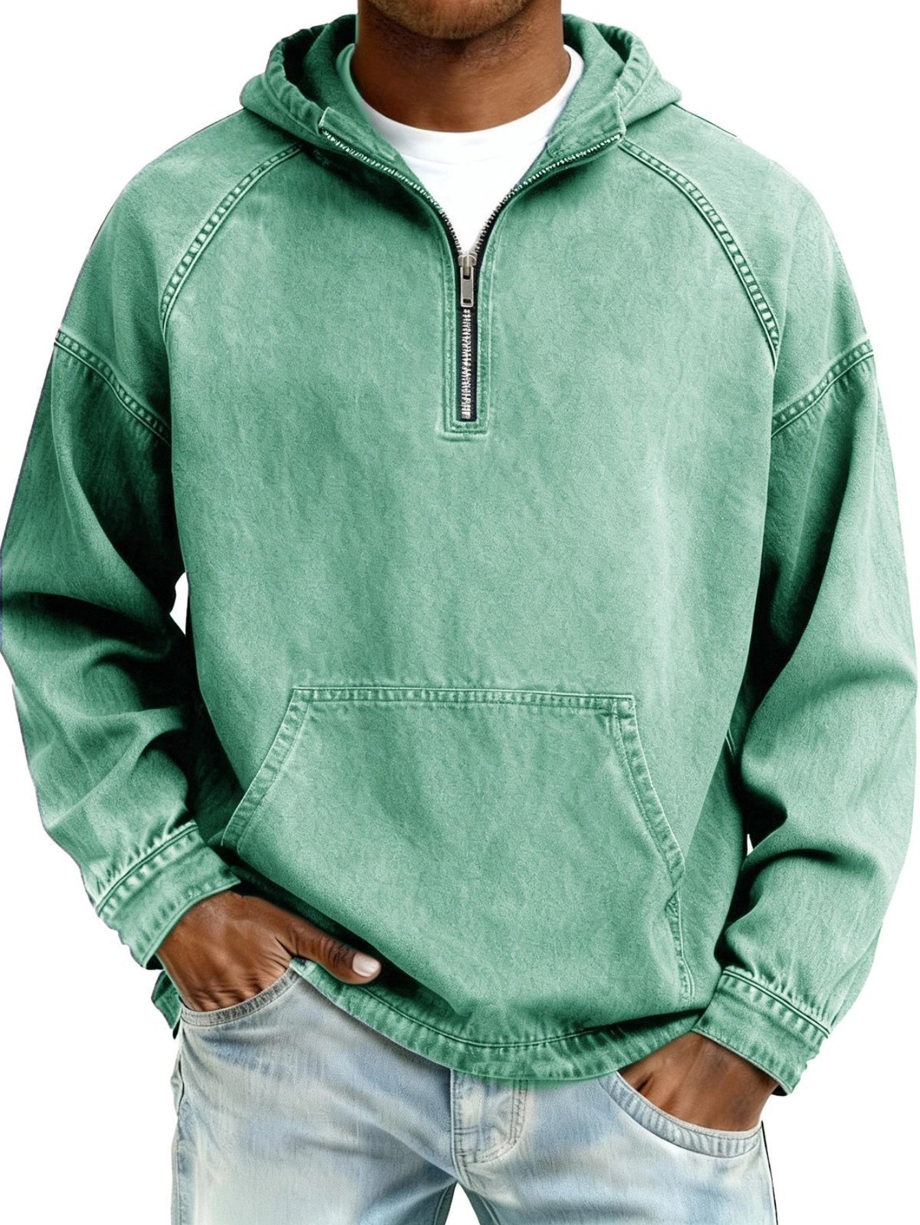 Men's Denim Hooded Sweater, Casual Half-Zip Zipper Cardigan with Old Wash Effect Unisex T-shirt, Sweatshirt, Hoodie, Long Sleeve Tee - T-Shirt, Sweatshirt, Hoodie