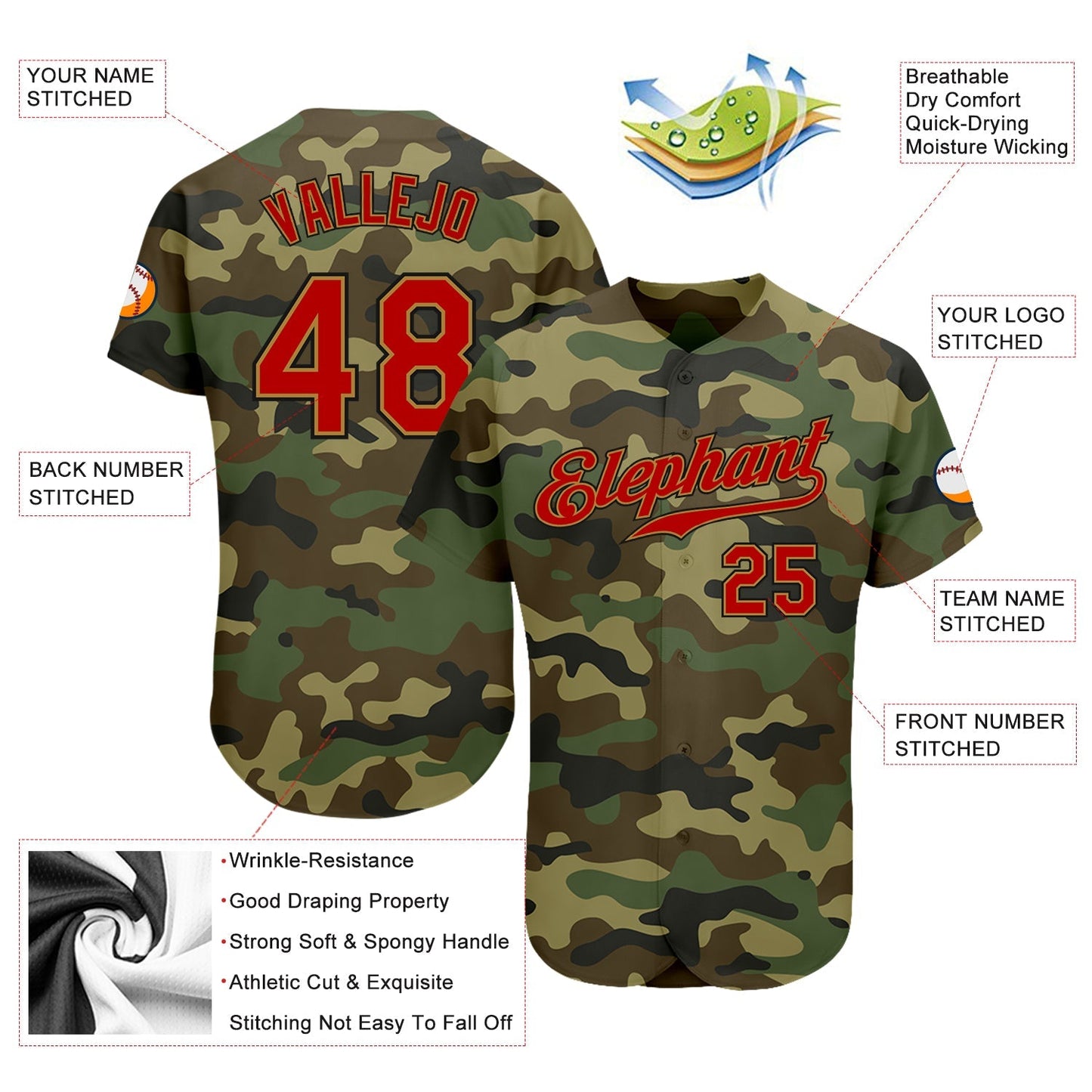 Custom Camo Red-Old Gold Authentic Salute To Service Baseball Jersey baseball jersey product view 4