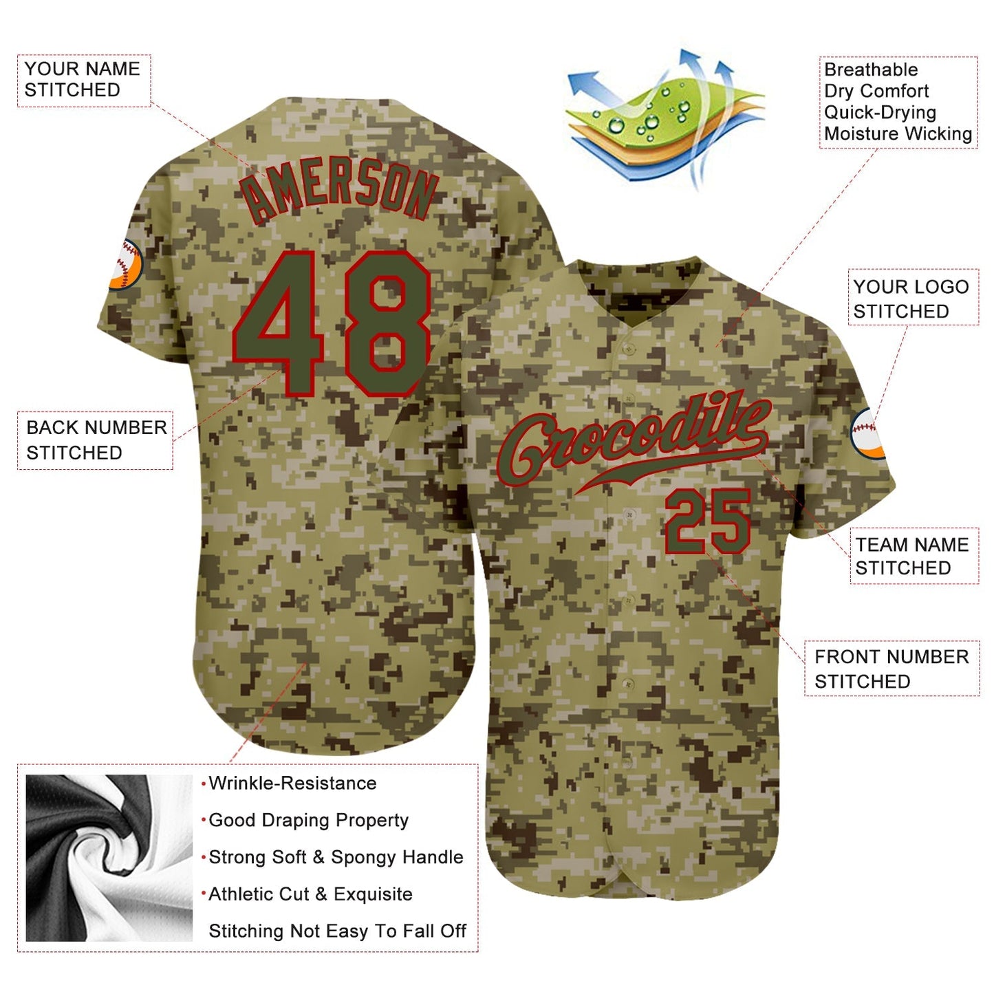 Custom Camo Olive-Red Authentic Salute To Service Baseball Jersey baseball jersey product view 3