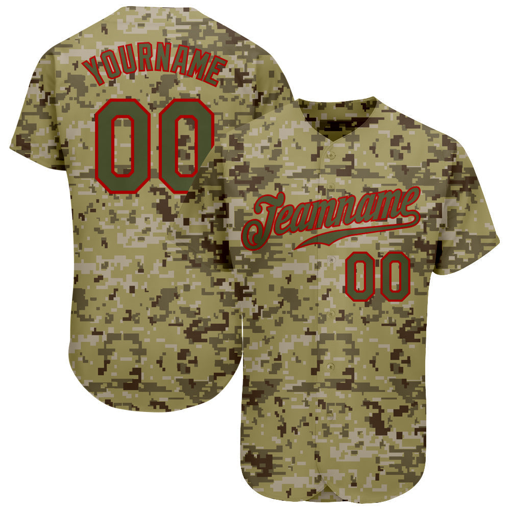 Custom Camo Olive-Red Authentic Salute To Service Baseball Jersey baseball jersey product view 1