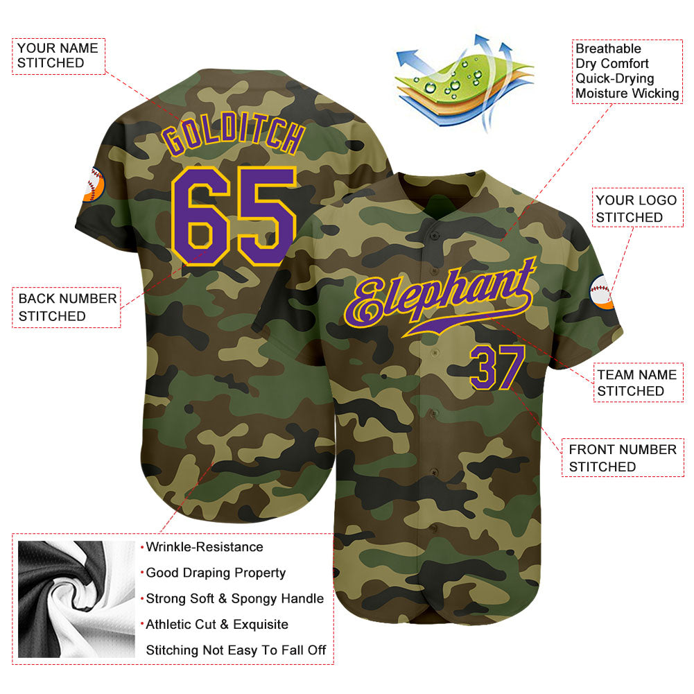 Custom Camo Purple-Gold Authentic Salute To Service Baseball Jersey baseball jersey product view 3