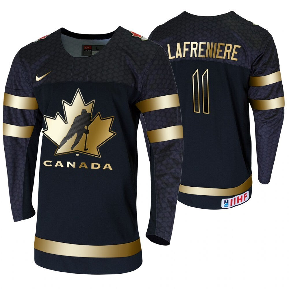canada #11 Alexis Lafreniere golden-limited-edition-2020-iihf-world-junior-ice-hockey-champions-men's-black-jersey hockey jersey product view 1