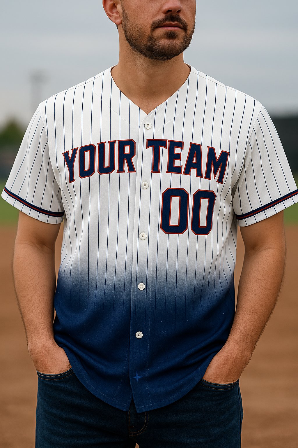 Custom Baseball Jersey – October Sky Gradient Edition White & Navy Pinstripes baseball jersey product view 2