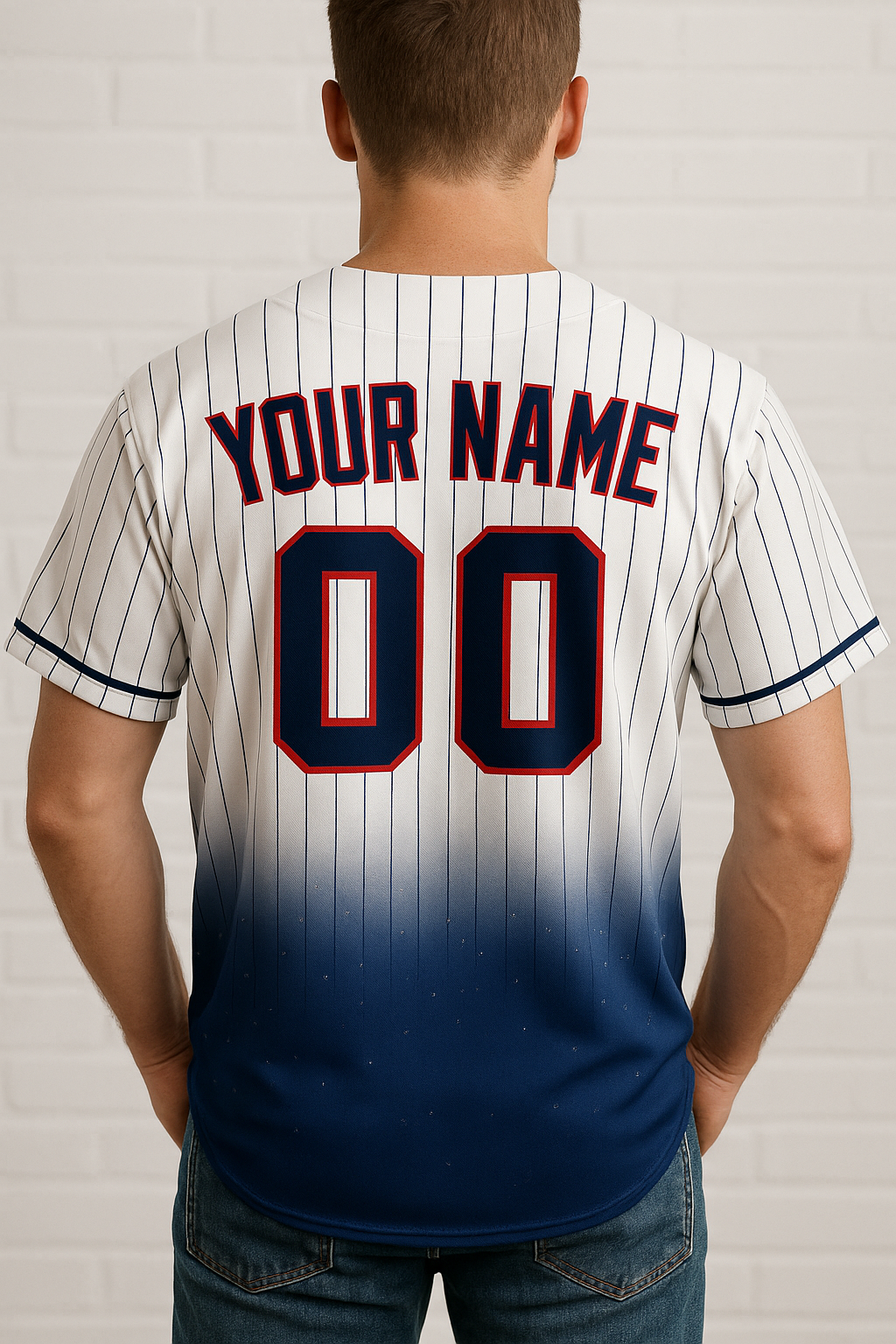 Custom Baseball Jersey – October Sky Gradient Edition White & Navy Pinstripes baseball jersey product view 3