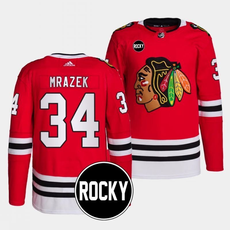 chicago blackhawks #34 petr mrazek 2023-24 authentic home red rocky patch jersey Hockey Jersey hockey jersey product view 1