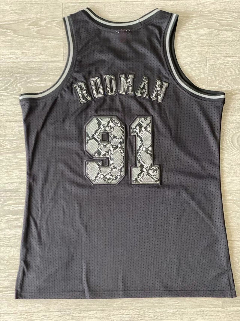chicago bulls #91 dennis rodman 1997-98 leather snakeskin Bulls 91 # Rodman 97-98 Black Embroidered Jersey Style 1 basketball jersey product view 1