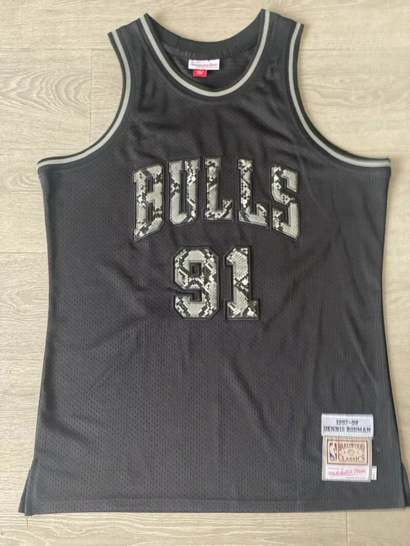 chicago bulls #91 dennis rodman 1997-98 leather snakeskin Bulls 91 # Rodman 97-98 Black Embroidered Jersey Style 2 basketball jersey product view 1
