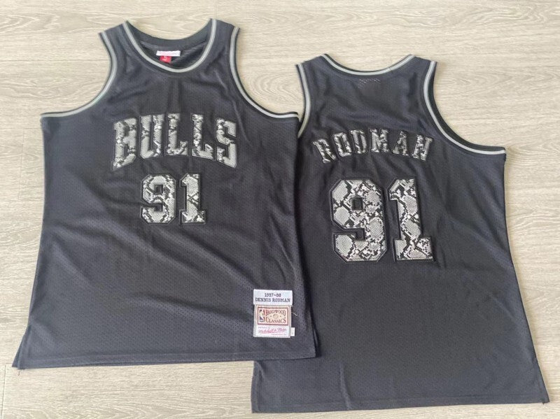 chicago bulls #91 dennis rodman 1997-98 leather snakeskin Bulls 91 # Rodman 97-98 Black Embroidered Jersey Style 3 basketball jersey product view 1